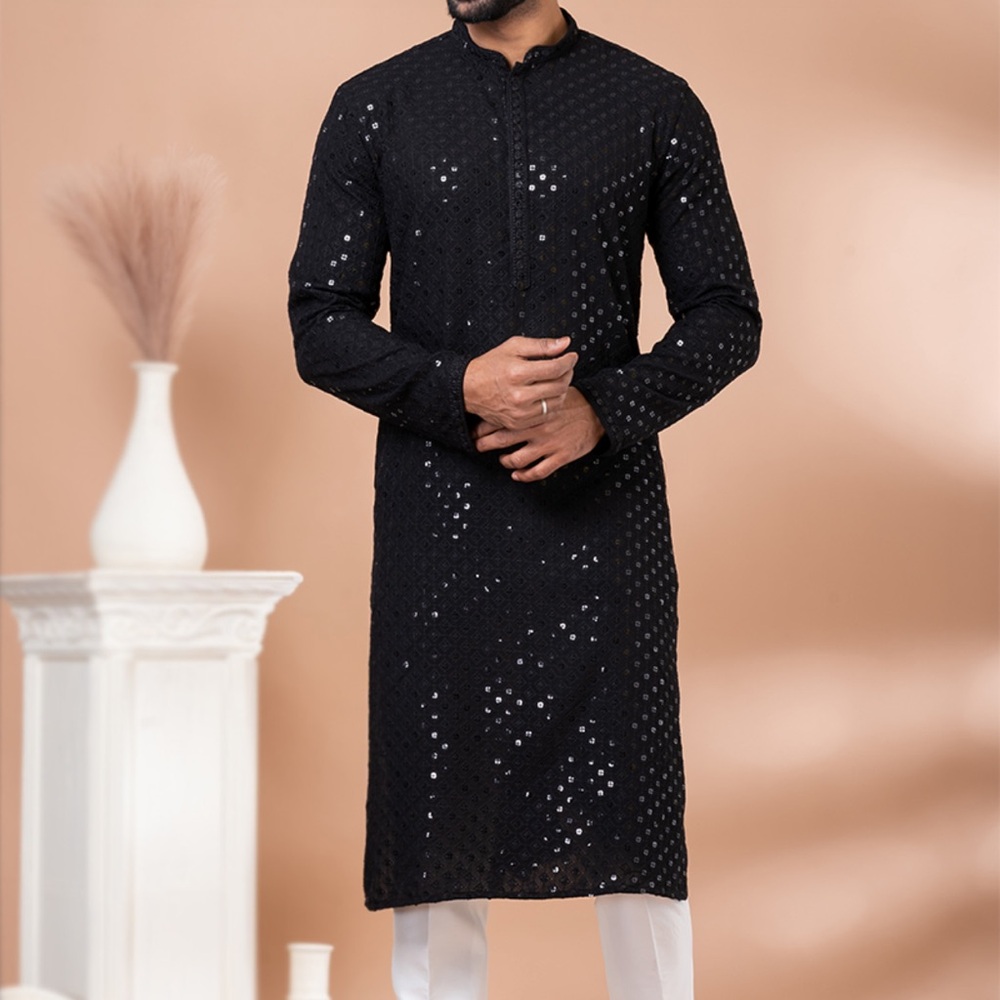 Andaaz Fashion Black Sequins Embroidered Rayon Men’s Kurta Chest Size 36